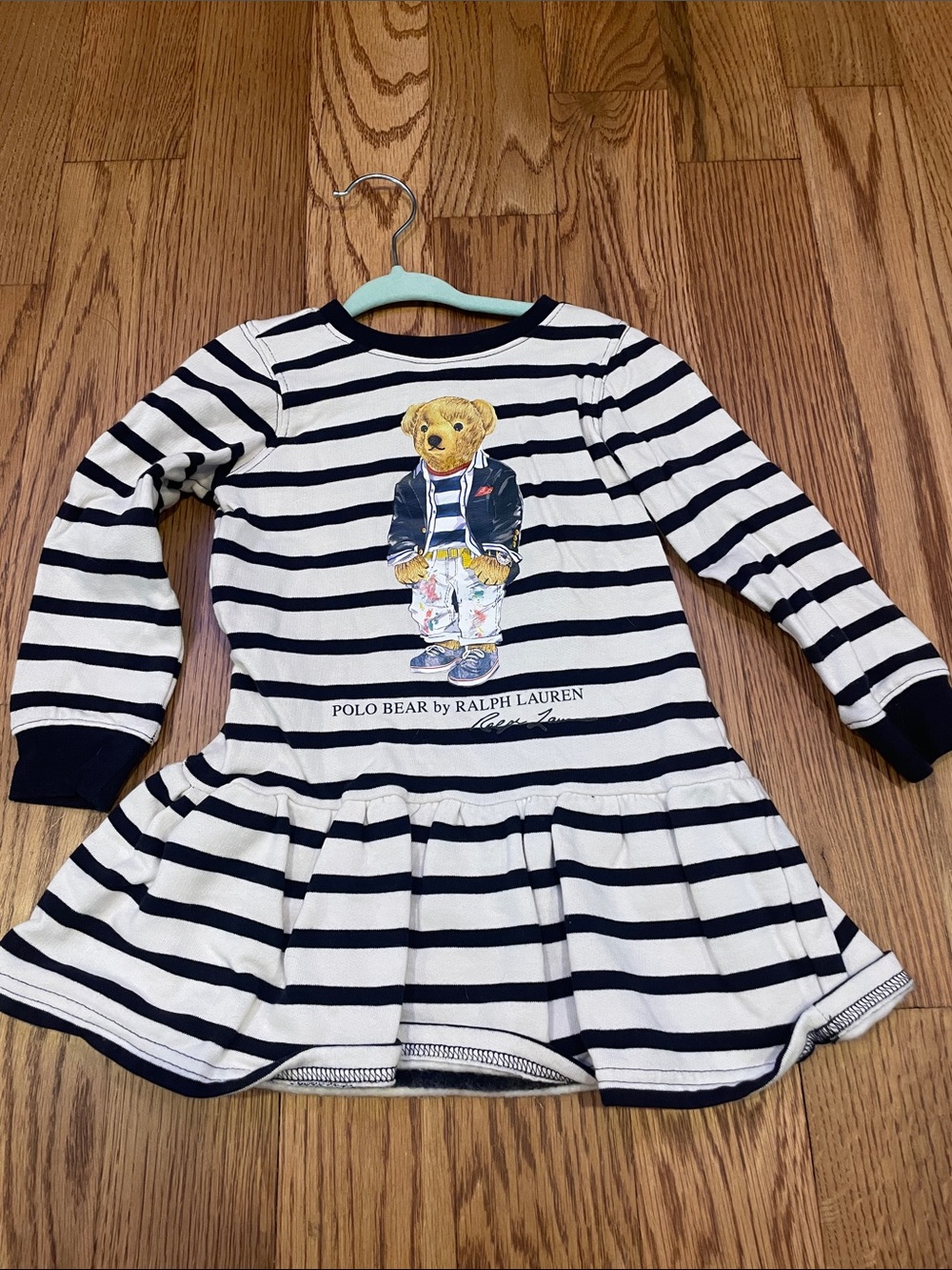 Ralph Lauren Navy & White Striped Polo Bear Long-Sleeve Dress